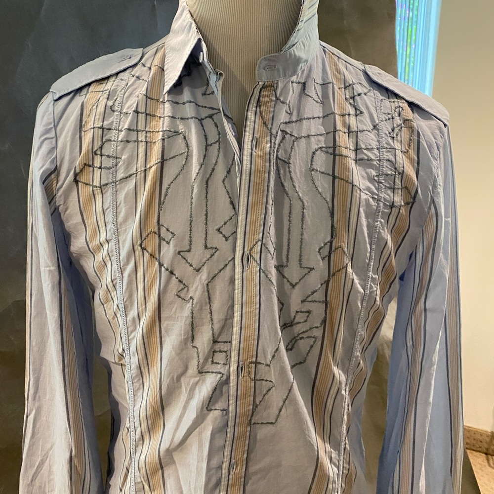 Diesel Blue and Tan Casual Button Down Shirt with Western Flair